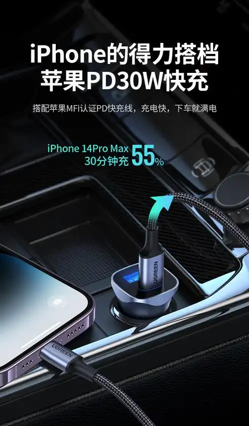 绿联适用苹果15车载充电器pd30w超级快充汽车充点烟器转换插头usb