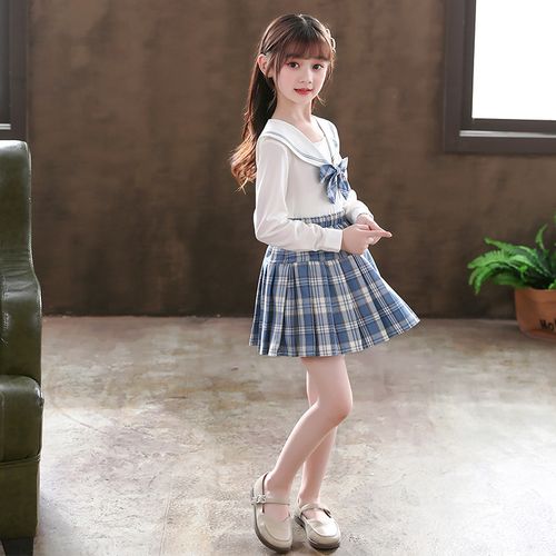 2021秋季女童jk校服裙日系学院风海军领蝴蝶结长袖百褶裙套装格子