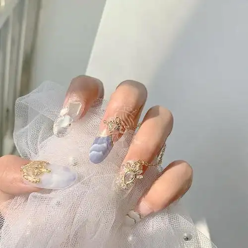 网红链条美甲片蓝色晕染钻石穿戴成品美甲洛滑贴长款新娘孕妇可拆卸l