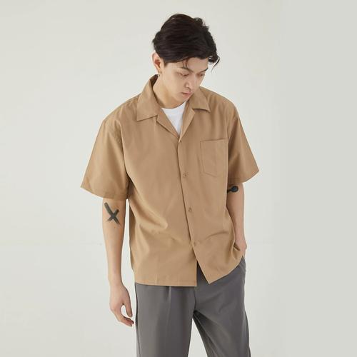 新款宽松港风日系男纯色衬衣亦止男装纯棉薄款衬衫2021夏季男短袖