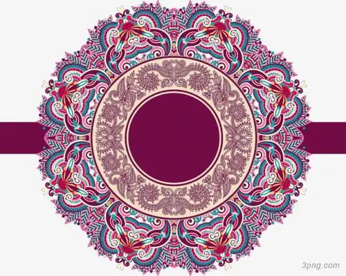 手绘彩色花纹圆形边框红底图案png素材透明免抠图片-装饰效果