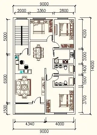 这是9米宽14米深,三房两厅两卫的套房设计,你可以参考一下这个设
