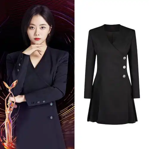 谭松韵明星同款高级感黑色v领西装连衣裙女秋冬气质收腰西服裙子