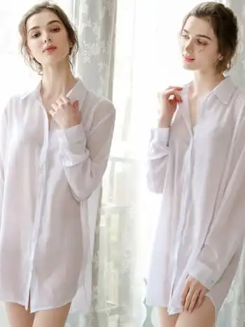 透视女上衣透视雪纺衬衫女长袖中长款上衣2020新款bf性感衬衣宽松