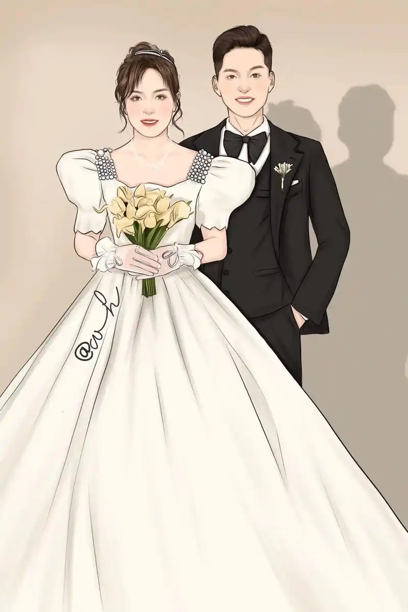 结婚画一组美美的手绘婚纱请柬也可以做立牌非常的好看