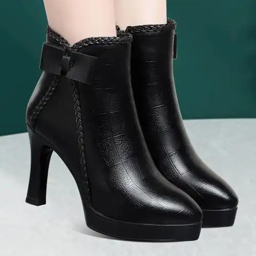 皮尔世绅真皮防水台高跟短靴子秋冬女式皮靴细跟中年尖头加绒女靴