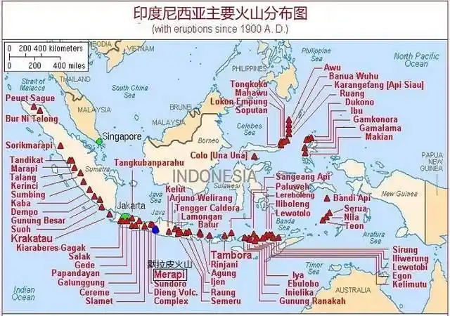 印度尼西亚主要火山分布图