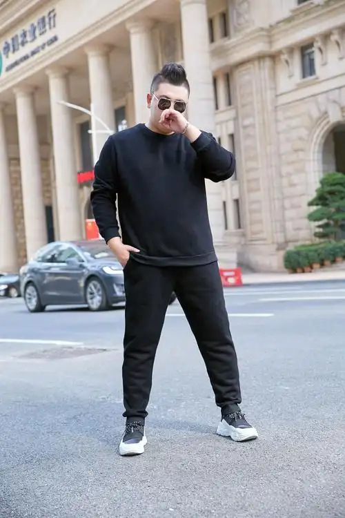 大码圆领卫衣套装春秋加肥加大胖男休闲运动潮胖宽松纯色大码套装