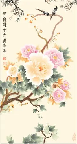 子墨壁画玄关背景墙布墙纸走廊背景壁纸大型无缝3d壁画水墨花鸟