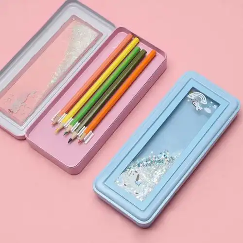 网红流沙文具盒ins少女潮多功能铅笔盒创意可爱带笔夹双层铁笔