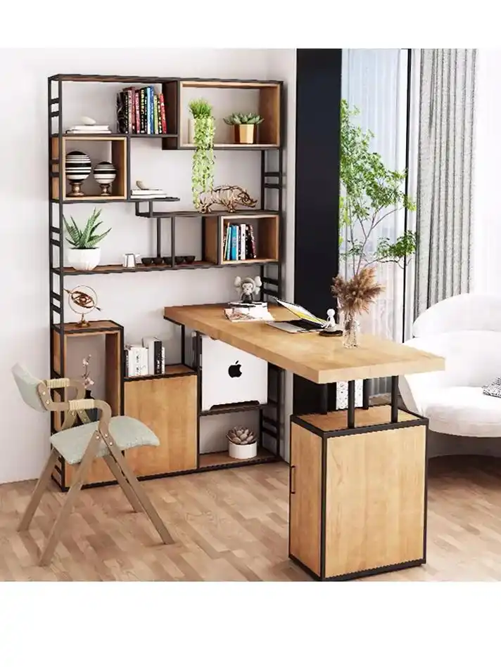 实木转角书桌书架组合一体墙角写字电脑台式桌书柜书房角落办公室
