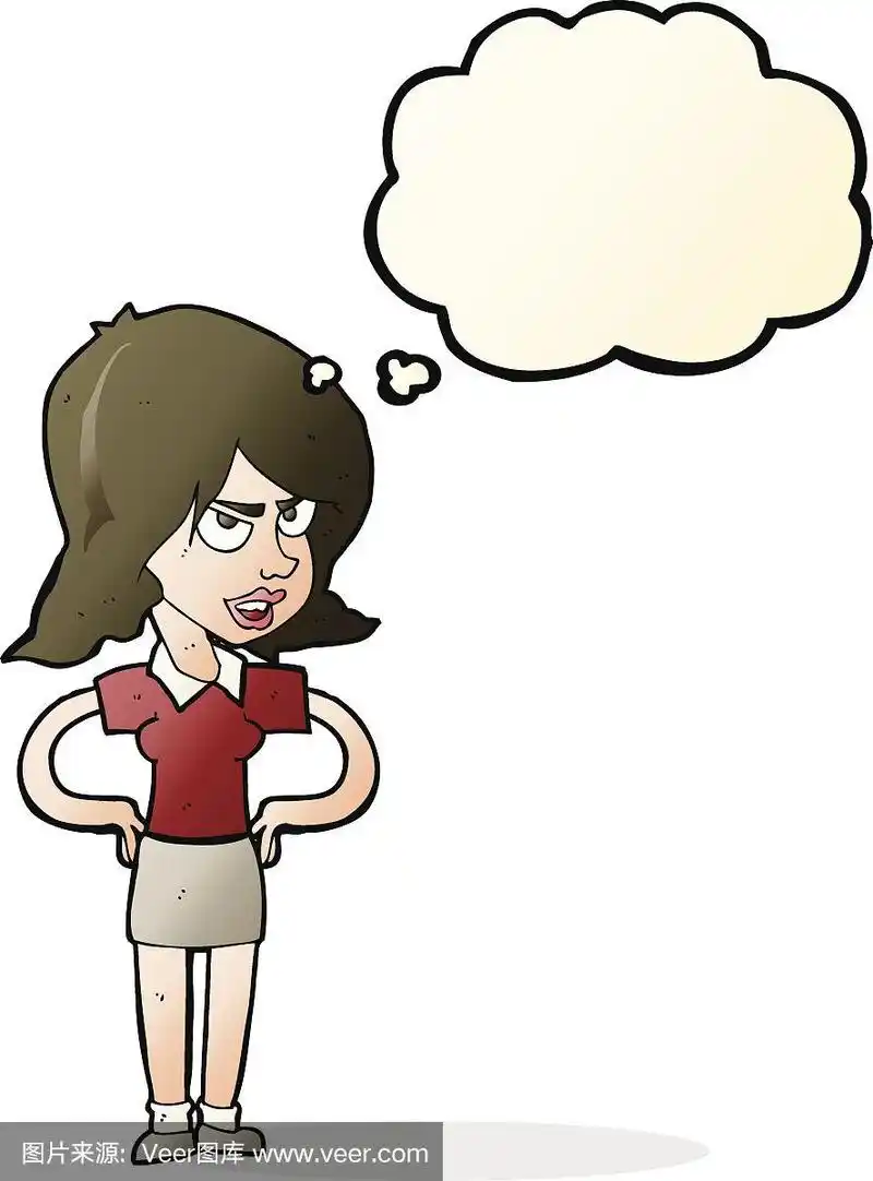 卡通恼火的女人双手叉腰带着思想泡泡