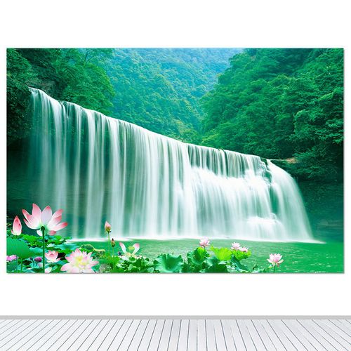 青山绿水山水画壁画荷花图装饰画流水瀑布招财风水画客厅墙贴定制