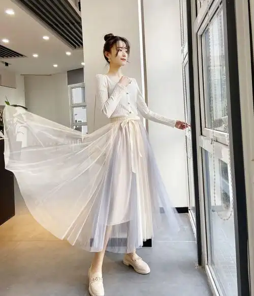 纱裙女半身裙2021新款中长款春夏韩版网纱a字裙女纱裙透气百褶裙天蓝