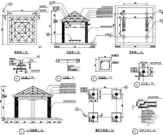 四角水景亭详图