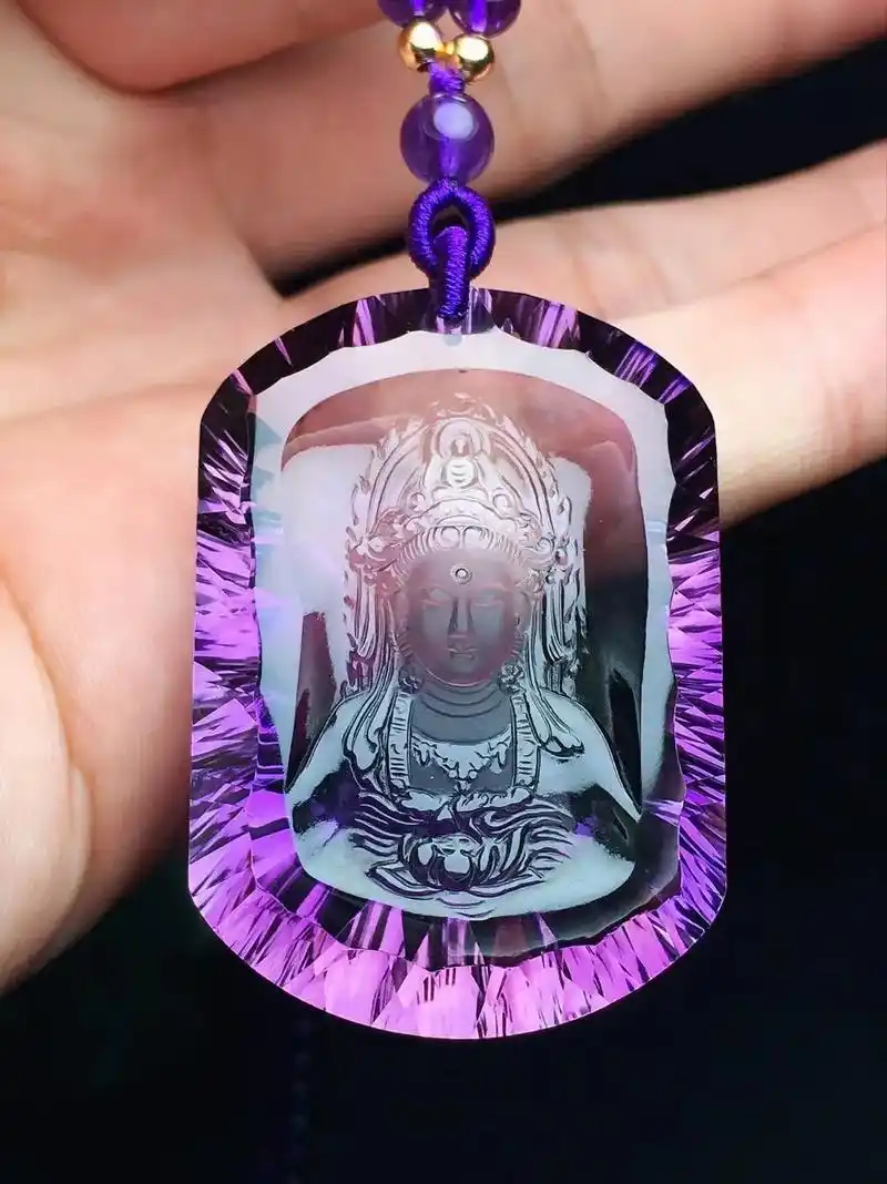 天然巴西紫水晶千禧面雕刻观音头吊坠 观音菩萨吊坠17 - 抖音