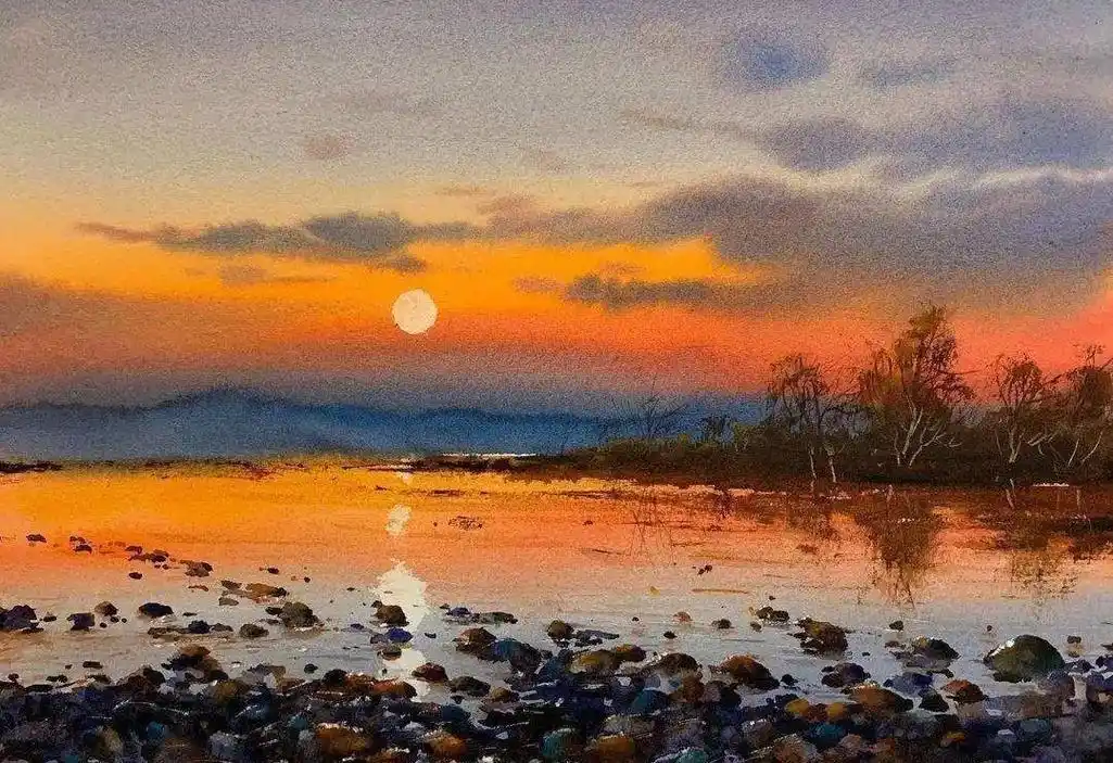 原创#水彩风景 . 夕阳西下#旧作回顾#音画鉴赏#分享手绘艺 - 抖音