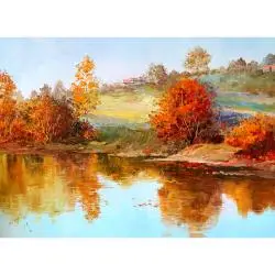 金哲《倒影》一级画家风景油画横幅