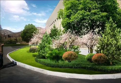 临近科研楼周边窄状绿地考虑室内采光性,临近建筑较窄处绿化以开花小