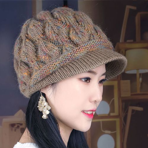 秋冬新款加绒有弹性针织毛线鸭舌帽中老年妈妈保暖羊毛帽子手工帽