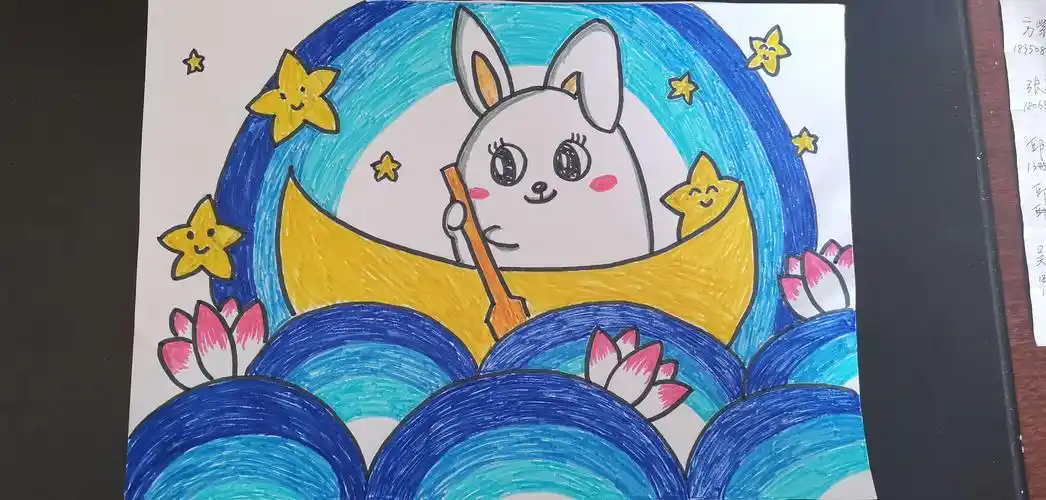 今年的兴趣班带的是儿童画,第一次上一年级的画画课,就画个划着月亮船