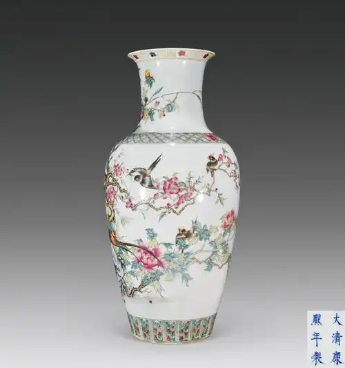 0081清康熙粉彩花鸟大瓶