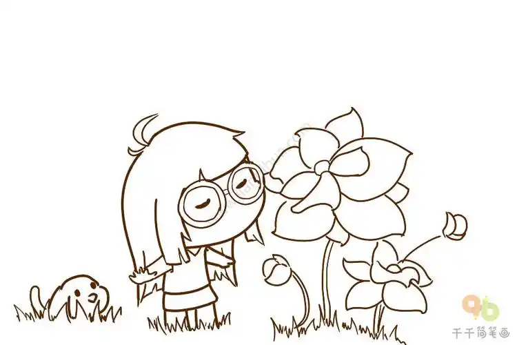 静谧的夜晚 小女孩闻一抹清香 还内心一片宁静_儿童画简笔画