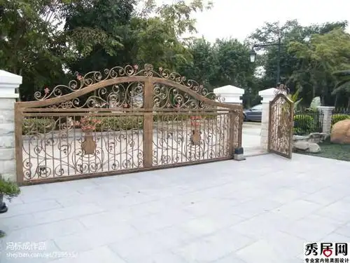 欧式别墅大门门头柱子设计图片 欧式别墅铁艺镂空铜门装修效果图