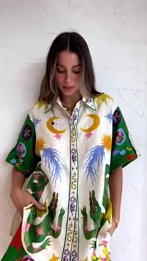 跨境外贸独立站2023欧美新款夏季印花棉麻时尚睡衣家居服休闲套装