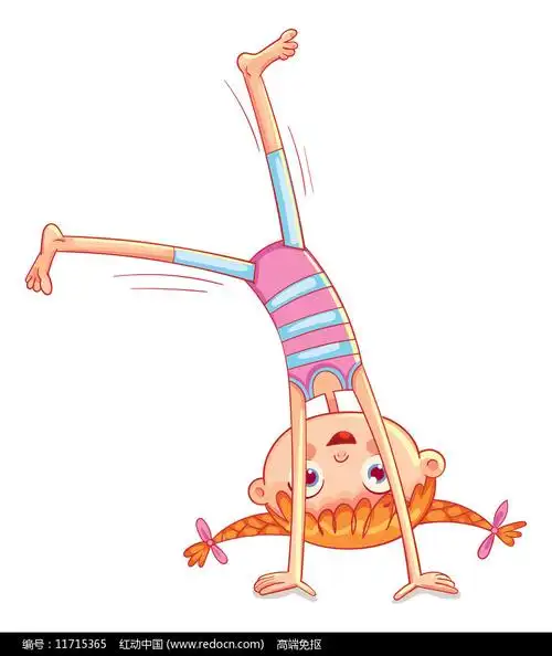 手绘卡通女孩倒立动作