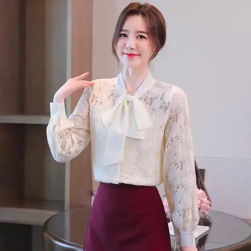 蕾丝衬衫女韩范蝴蝶结系带上衣2020秋冬装新款长袖加绒加厚打底衫