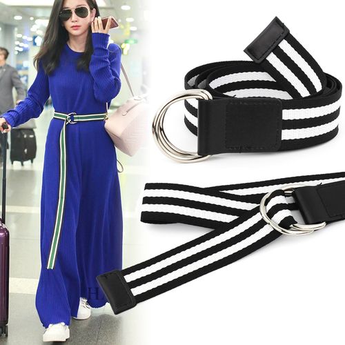 韩版彩色条纹休闲长款帆布腰带女式青年双环扣裤带装饰个性百搭潮