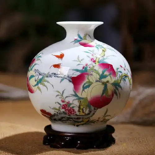 景德镇陶瓷小花花瓶花器薄胎粉彩寿桃赏瓶现代家居装饰花瓶