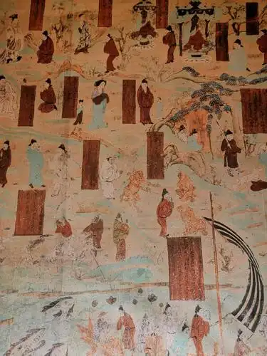 45号窟是莫高窟的特窟,保存了盛唐时期的彩塑和壁画,一铺一佛二弟子二