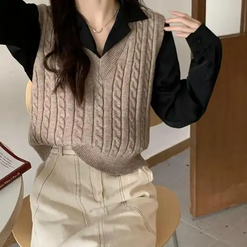 实拍实价2021秋季女装韩版新款v领针织衫学院风毛衣马甲背心短款