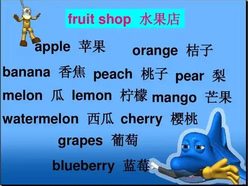 京版, 一下 单词复习资料 fruit shop 水果店 apple 苹果 orange 桔子