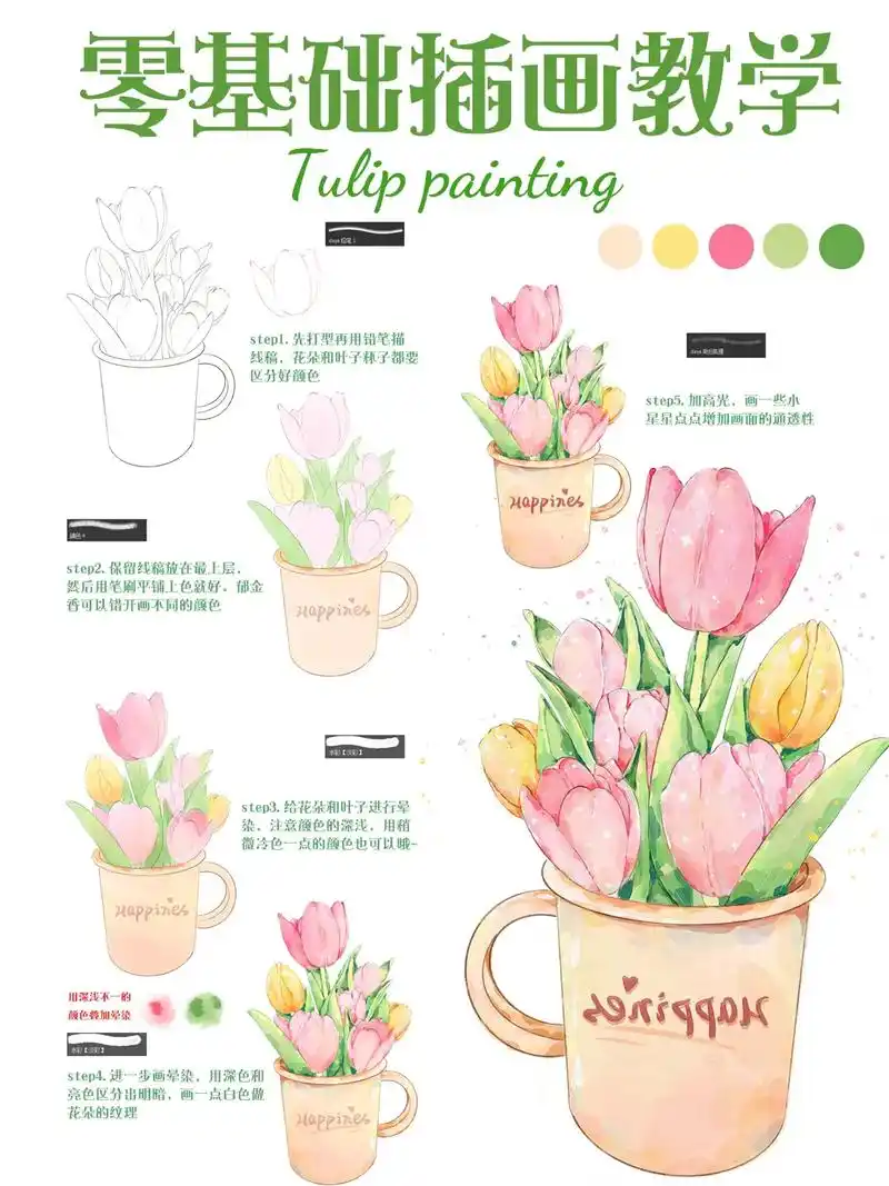 水彩植物插画-郁金香93画法.step1.先打型再用铅笔描线 - 抖音