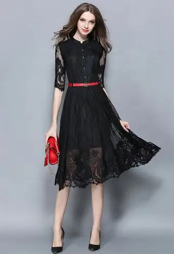 欧美纯色中袖中长款蕾丝镂空连衣裙美多啦女装批发2016新款送腰带