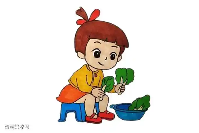 五一劳动节择菜小女孩简笔画画法步骤