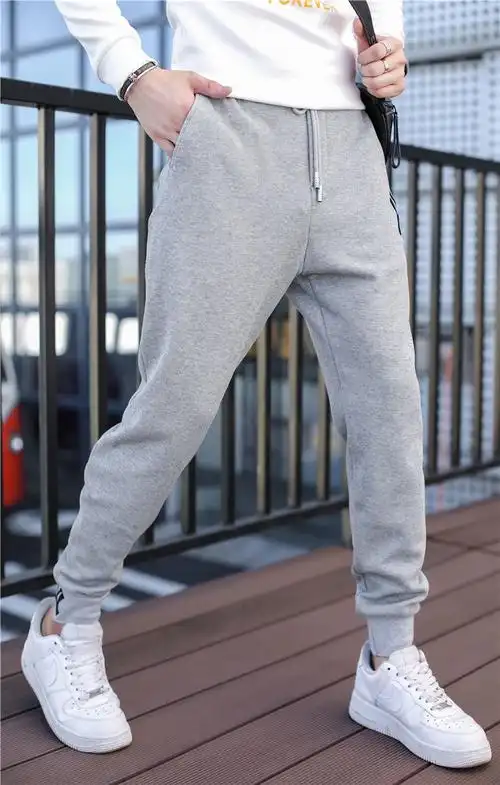ny秋冬刺绣裤子男士宽松百搭潮流时尚小脚修身灰色运动束脚裤 灰色