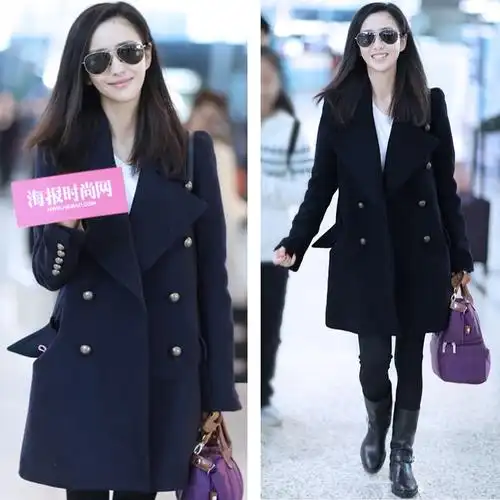 佟丽娅明星同款2020秋冬新款羊绒大衣女双排扣中长款翻领毛呢外套