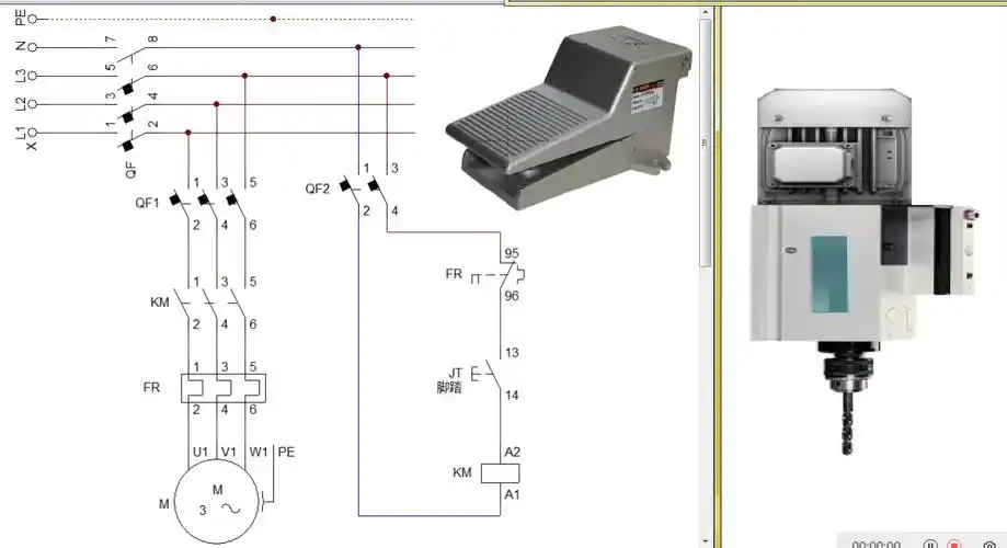 08,脚踏开关控制电动机起动电路(电路图,实物接线图,仿真图)