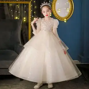001人已购买女童公主裙网纱蓬蓬裙泡泡袖晚礼服婚纱走秀演出连衣