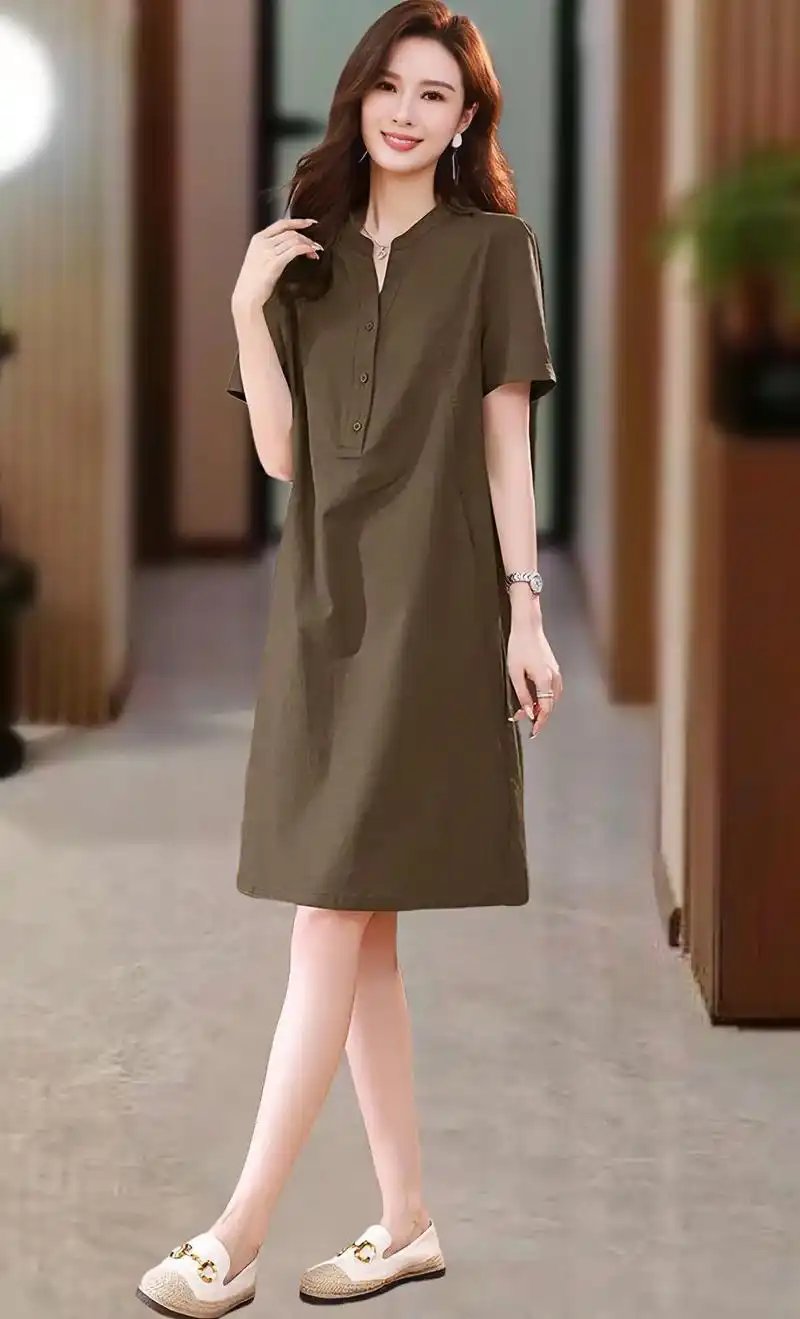 新款宽松大码休闲高端妈妈小个子棉麻连衣裙