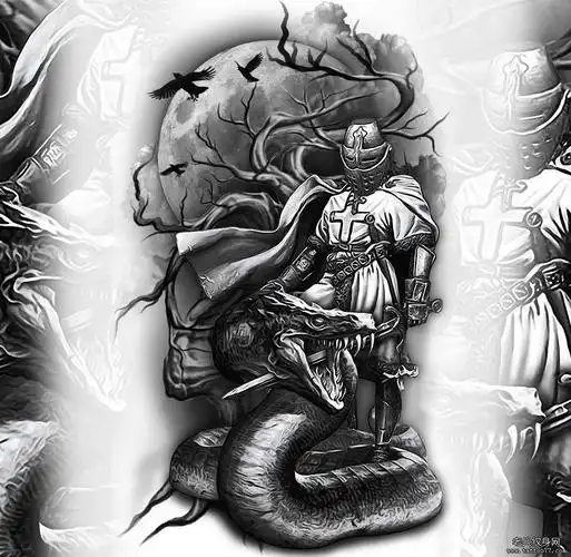 黑灰骑士蛇纹身手稿图案