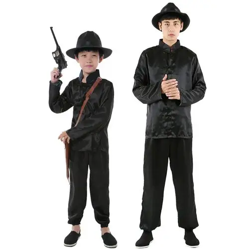 汉奸服装男翻译官特务抗战剧儿童演出服黑色土匪斧头帮表演服成人