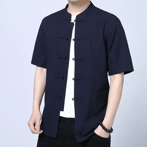 夏季男士薄款短袖唐装中国国风复古刺绣汉服民族服装