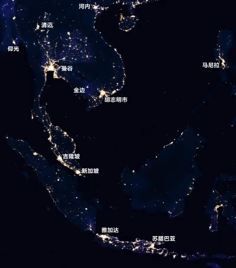 东南亚各国夜间卫星全景图  除越南外东南亚各国的首都都是本国经济最