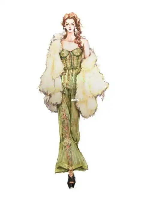 服装设计效果图:皮草蕾丝礼服