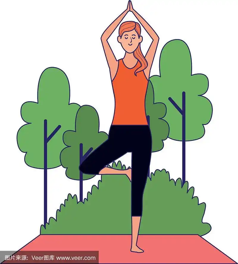 卡通女子在户外做瑜伽树姿势